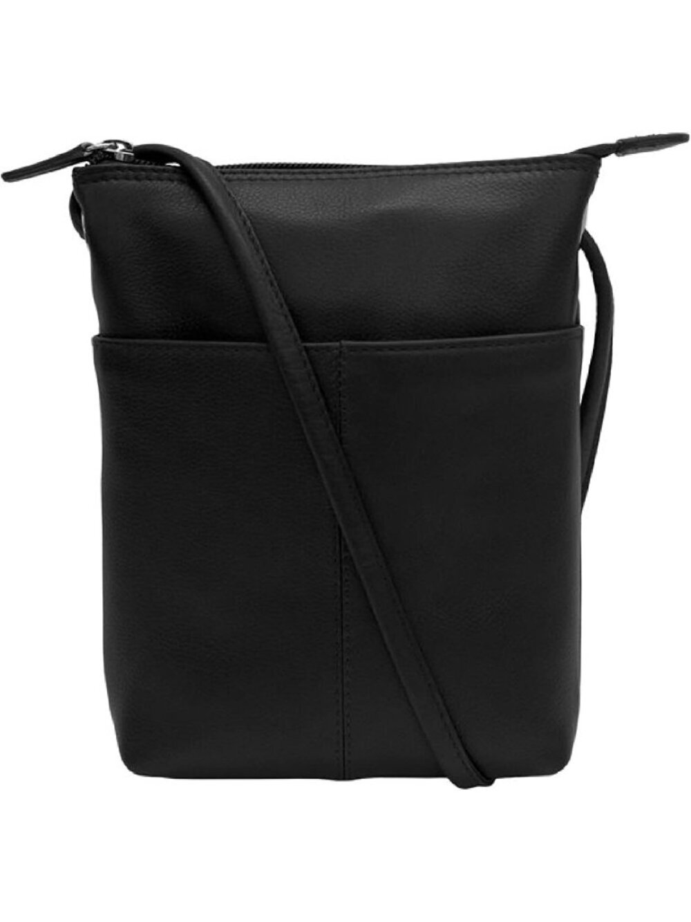 Women's Black Leather Front Open Pocket Back Zip Adjustable Strap Crossbody Bags